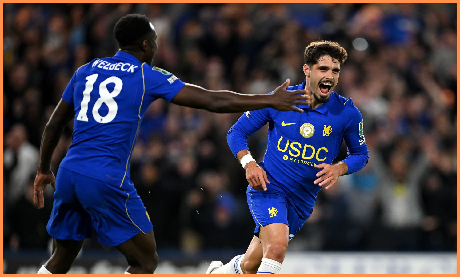 Pedro Neto celebrates Chelsea's goal against Leeds United