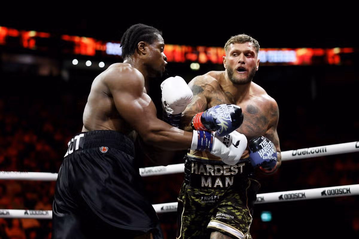 MANCHESTER, ENGLAND - JUNE 13: Big Stacks punches Arms during the Beauty vs The Beast fight night at the AO Arena on June 13, 2026 in Manchester, England. (Photo by Jan Kruger/Getty Images)