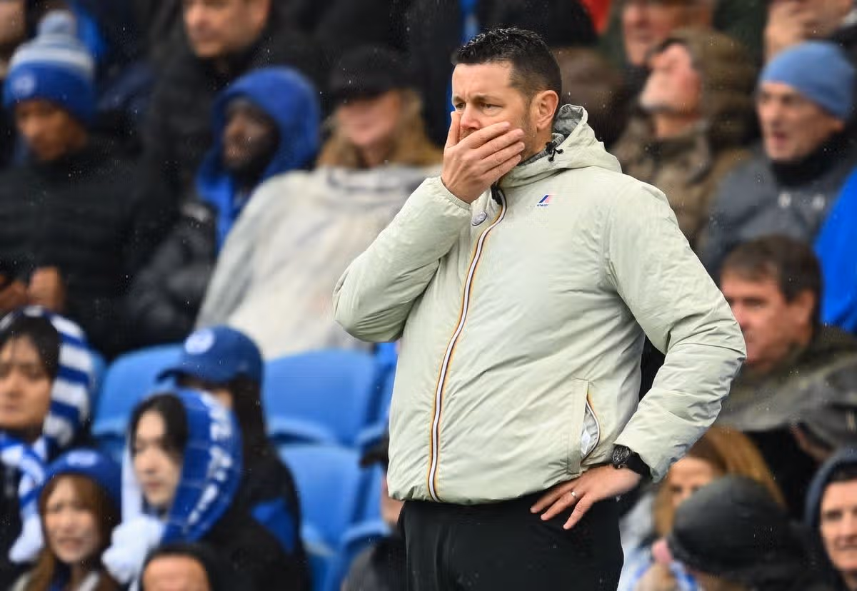 Brighton & Hove Albion vs. Crystal Palace - the Amex (American Express Falmer Stadium) - Sunday 18th October 2026. Crystal Palace manager Pierre Sage looks on as they concede 3 goals in the first half.