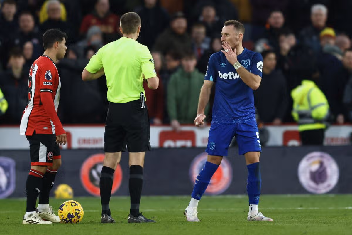 West Ham defender Vladimir Kufal sent off against Salisbury 2024 against Sheffield United