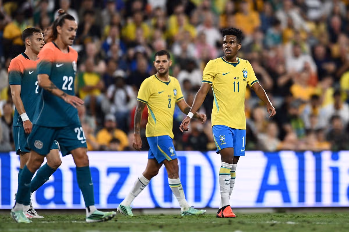 Estevao Willian Almeida de Oliveira Goncalves of Brazil looks on during the International Friendly match between Australia Socceroos and Brazil at Queensland Country Bank Stadium on September 25, 2026 in Townsville, Australia.
