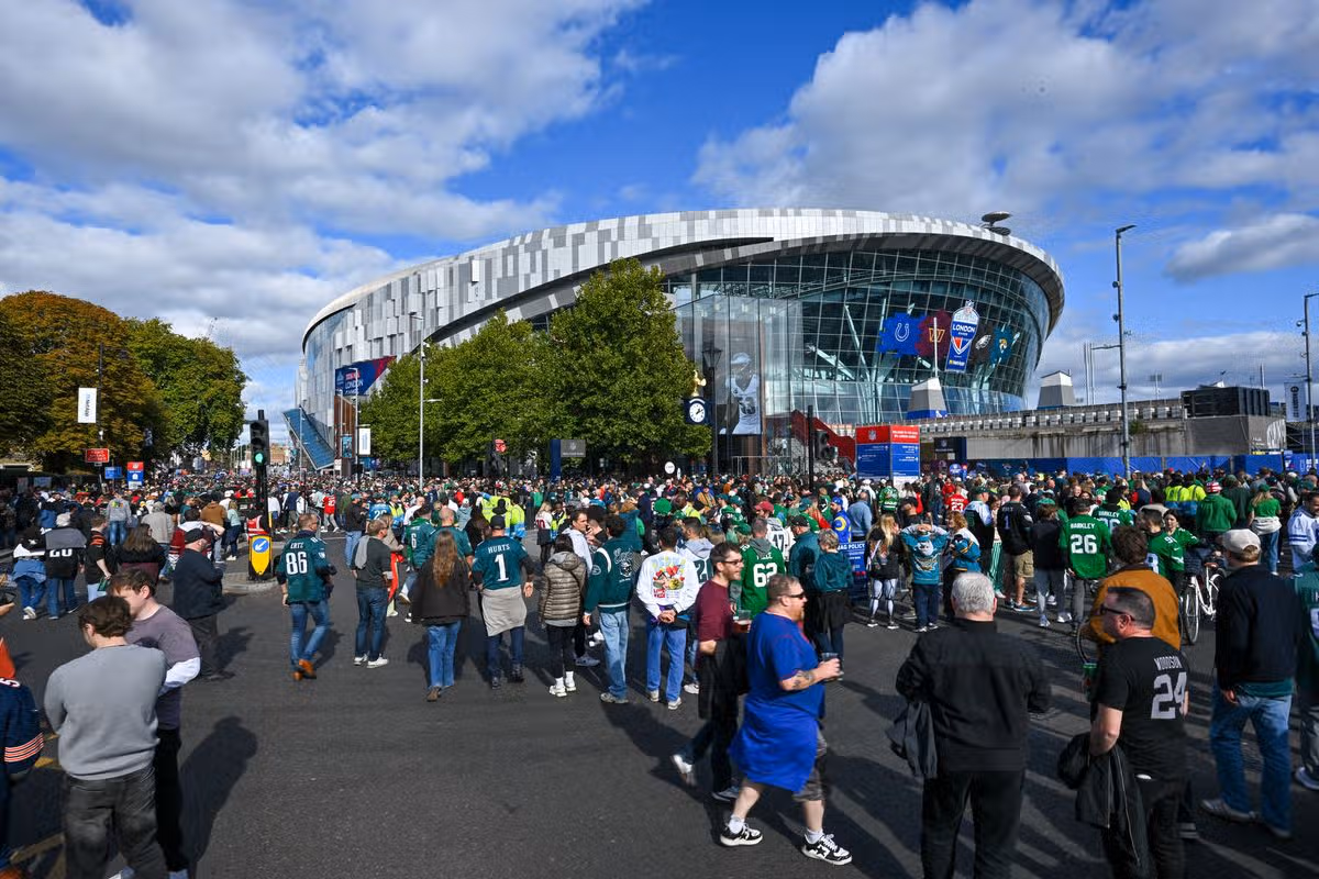 A crowd gathers before the NFL game between the Philadelphia Eagles and the Jacksonville Jaguars at Tottenham Hotspur Stadium.