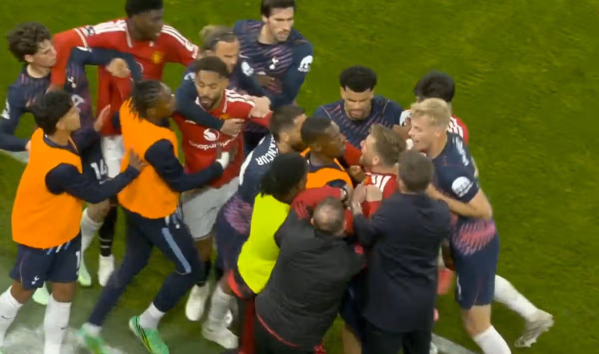 A brawl broke out at Old Trafford after Rodrigo Bentancur head-butted Luke Shaw.