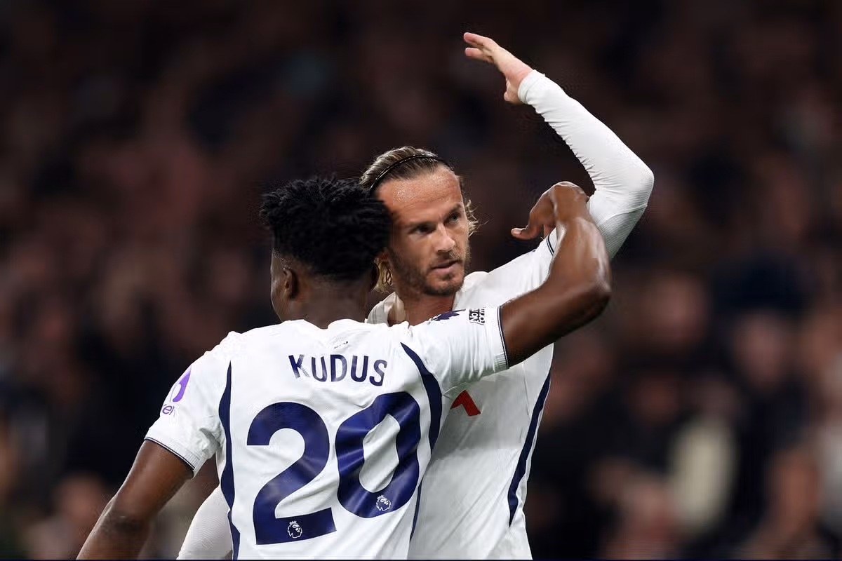 James Maddison celebrates after scoring during the 2026/27 Premier League match between Tottenham Hotspur and Coventry City at Tottenham Hotspur Stadium. 