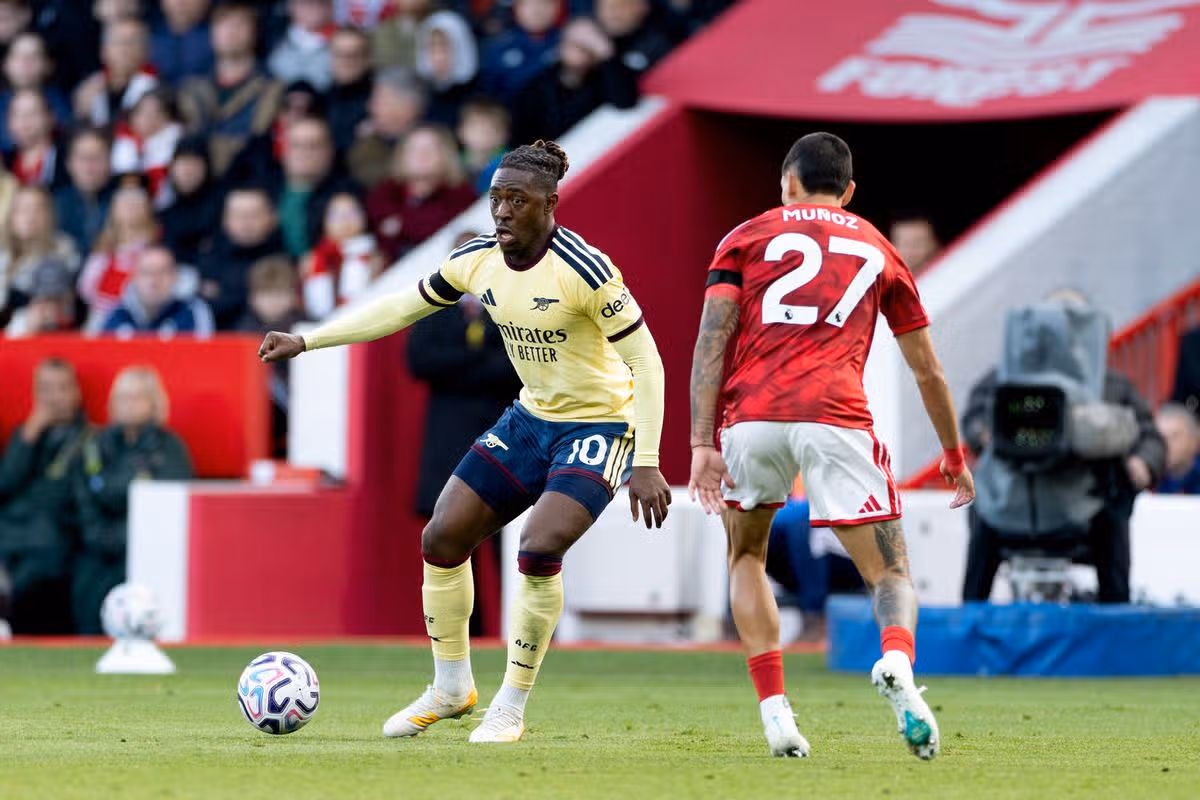 Eberechi Eze plays for Arsenal against Nottingham Forest in the Premier League at the City Ground