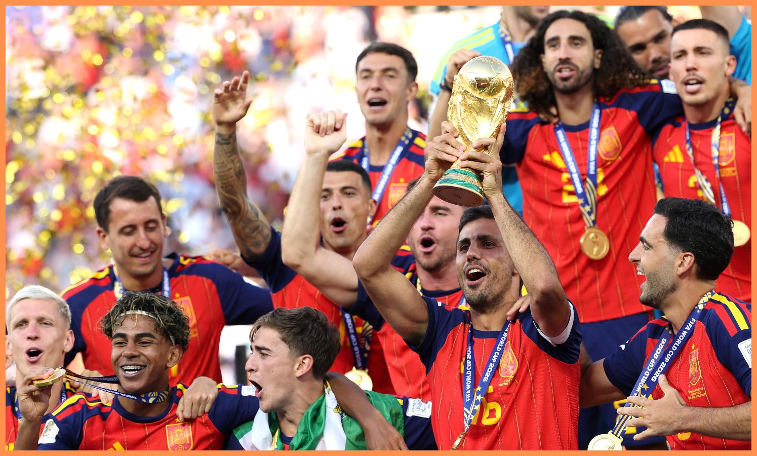 Spanish players celebrate lifting the World Cup trophy