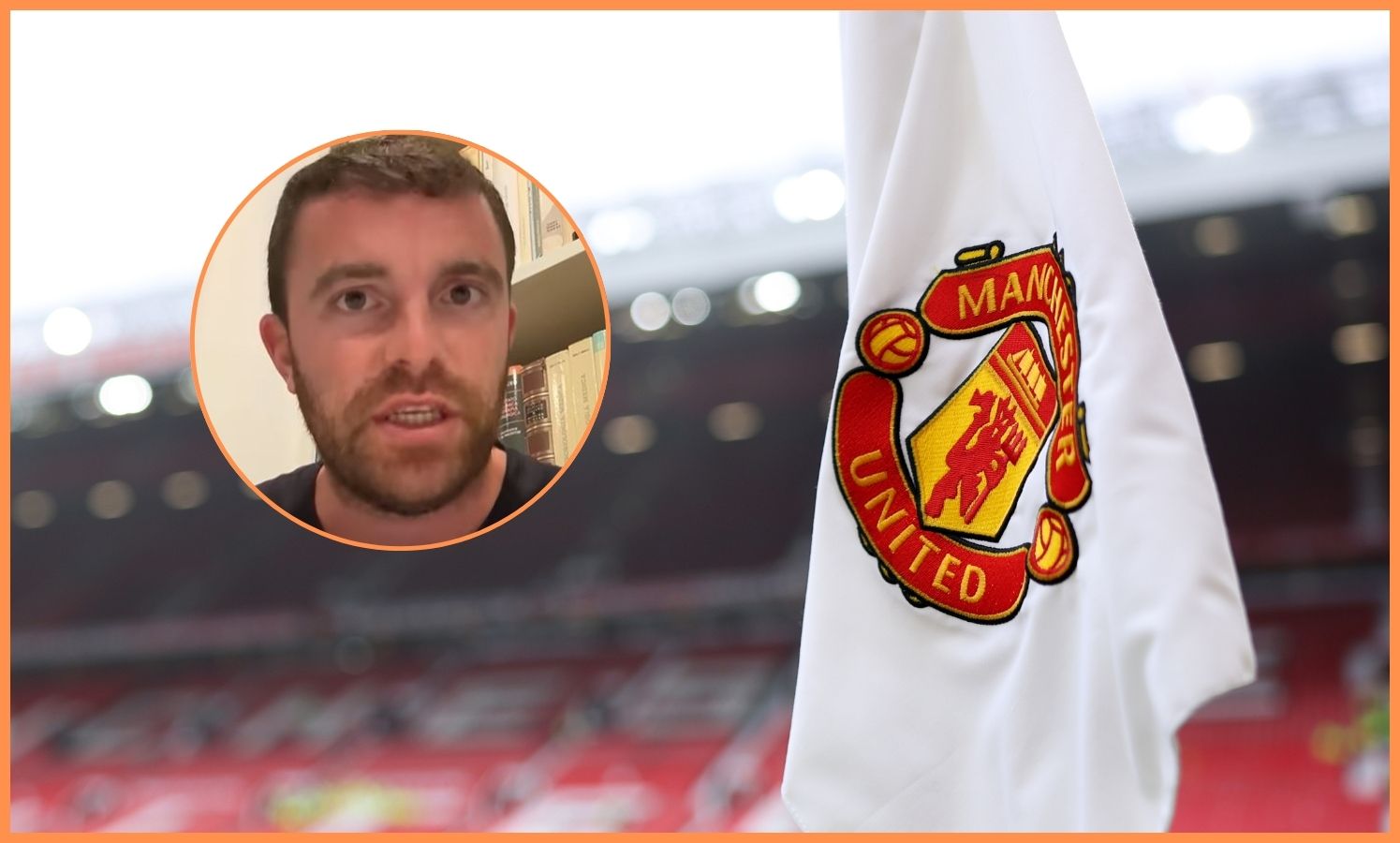 Fabrizio Romano and the Manchester United flag at Old Trafford