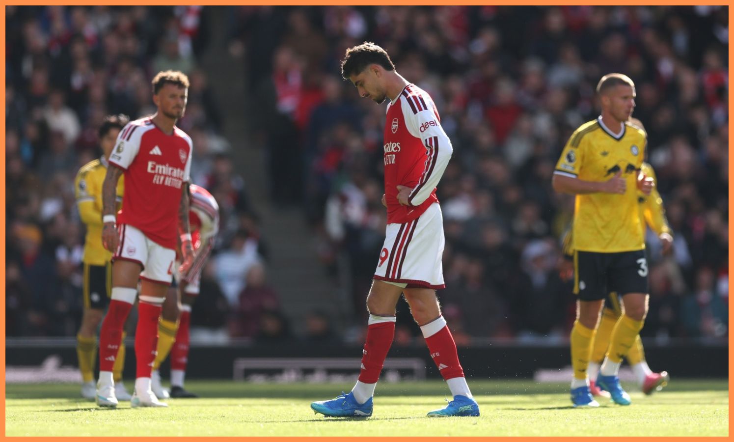 Kai Havertz reacts during the Arsenal v Leeds match