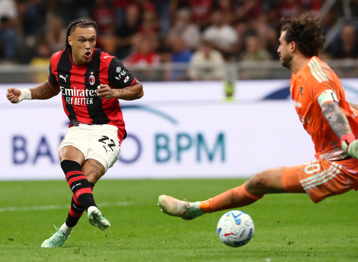 ITALY - SEPTEMBER 20: Diego Moreira of AC Milan scores his team's third goal during the Serie A match between AC Milan and US Lecce at Stadio Giuseppe Meazza on September 20, 2026 in Italy. (Photo by Marco Luzzani/Getty Images)
