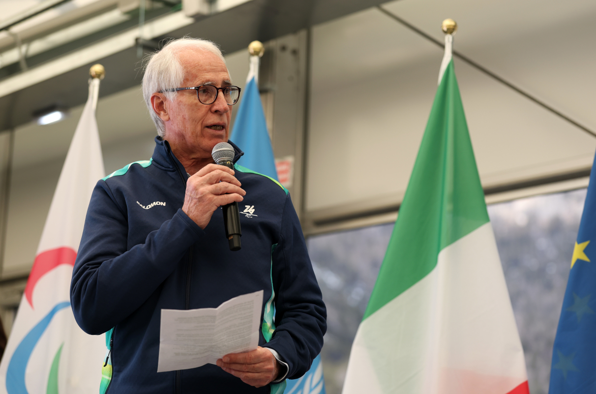 CORTINA D'AMPEZZO, ITALY - MARCH 5: President of the Organizing Committee of the 2026 Olympic and Paralympic Winter Games Giovanni Malago speaks during the opening ceremony of the Milano Cortina 2026 Paralympic Winter Games on March 26, 2026 at Villa Cortina in the Paralympic Village of Cortina. d'Ampezzo, Italy. (Photo by Linnea Rheborg/Getty Images for IPC) (Pirlo)