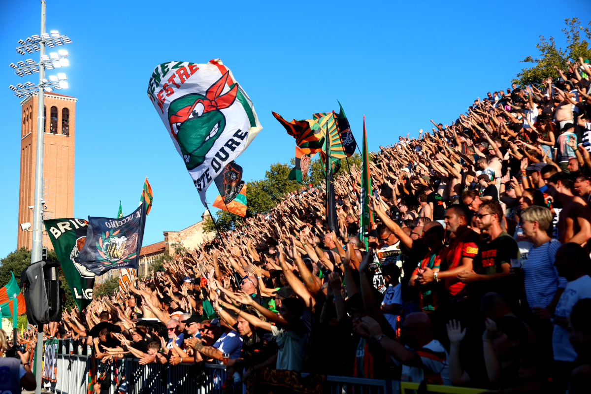 VENICE, ITALY - AUGUST 23: Venezia FC supporters during the Serie A match between Venezia FC and Lecce USA at Stadio Pier Luigi Penzo on August 23, 2026 in Venice, Italy. (Photo by Maurizio Lagana/Getty Images)