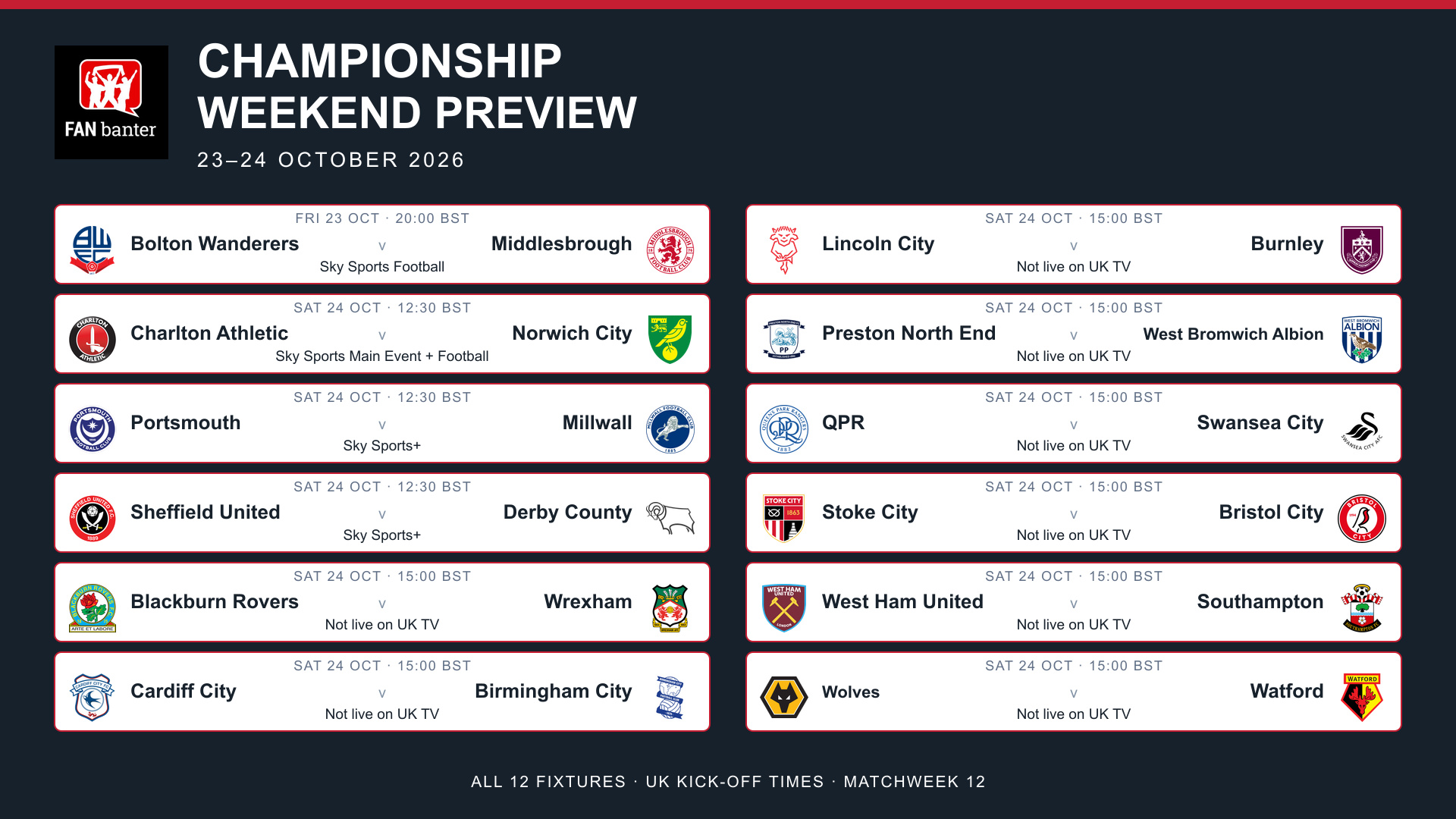 Championship weekend preview: All 12 fixtures for 23-24 October 2026, with UK kick-off times and channels