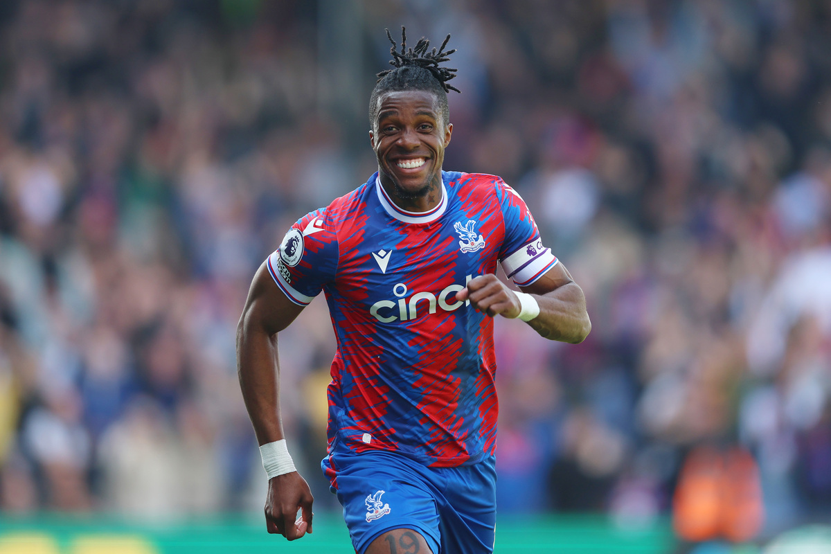 LONDON, ENGLAND - APRIL 29: Wilfried Zaha of Crystal Palace celebrates after scoring his team's second goal during the Premier League match between Crystal Palace and West Ham United at Selhurst Park on April 29, 2023 in London, England. (Photo by Tom Dulat/Getty Images)