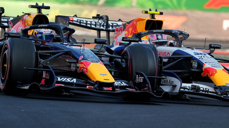 Red Bull's Max Verstappen and Racing Bulls' Liam Lawson collide during second practice in Mexico (AP Photo/Moises Castillo)